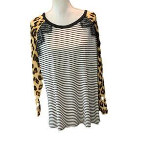 ELDRIDGE Long Sleeve Striped Leopard Print Lace Trimmed Top NEW